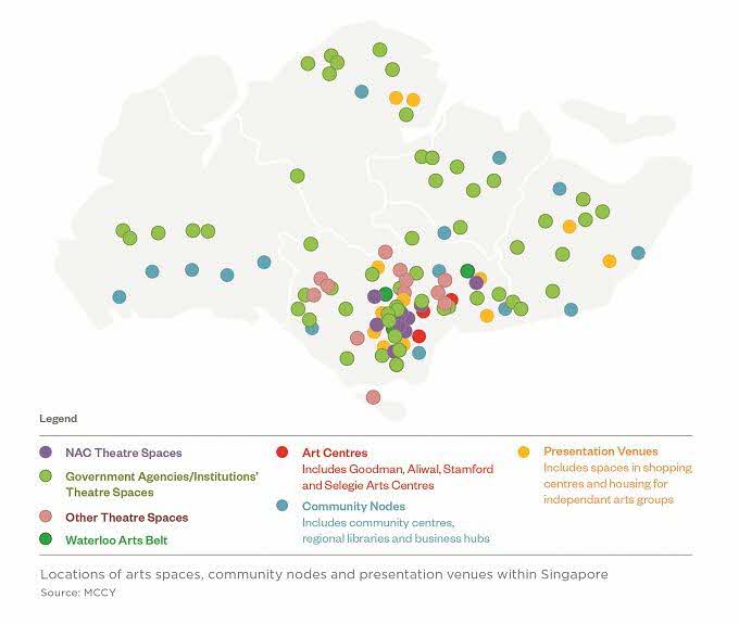Locations of arts spaces, community nodes and presentation venues within Singapore